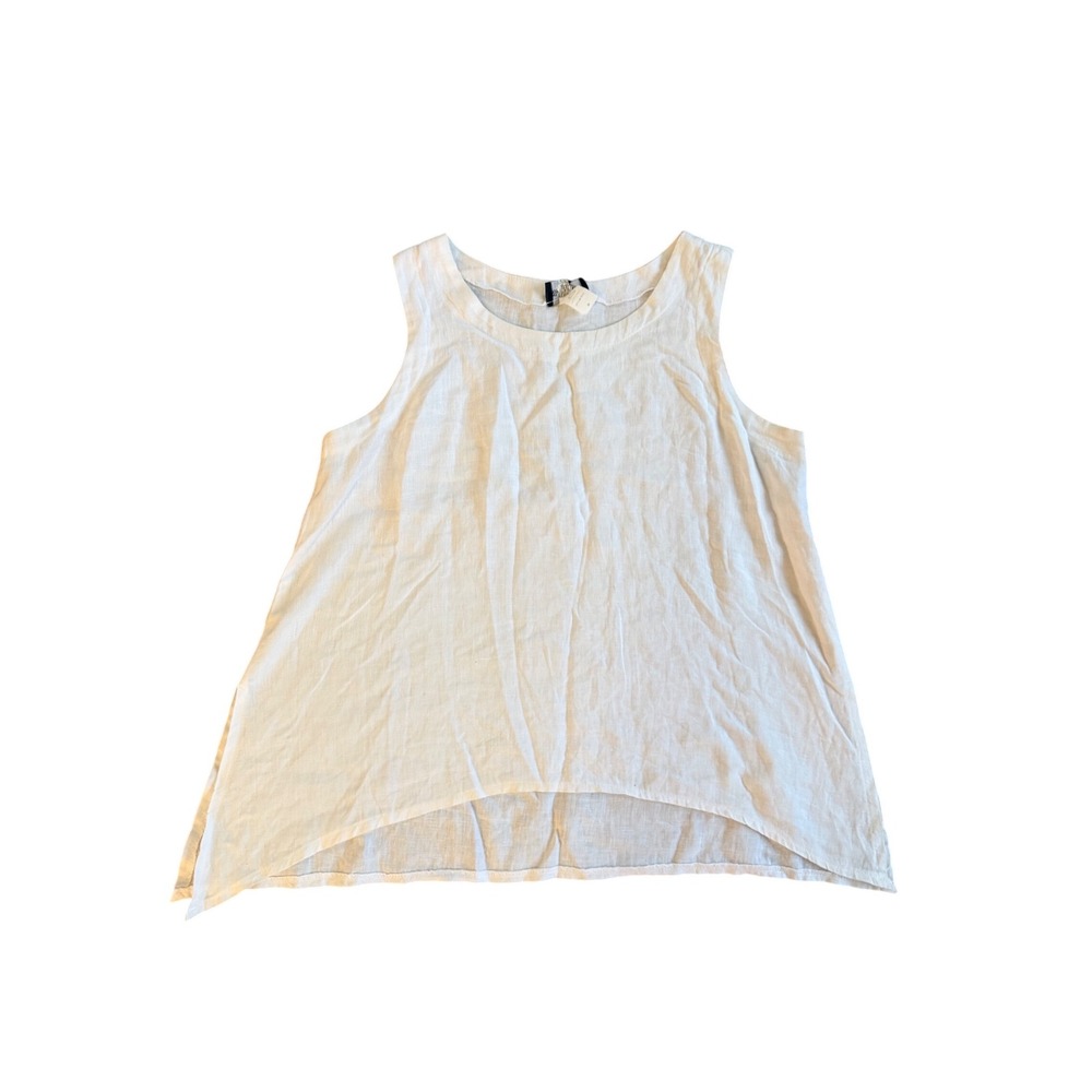 100% Linen Tank Top Women's Medium White High-Low Beach Lagenlook Boho